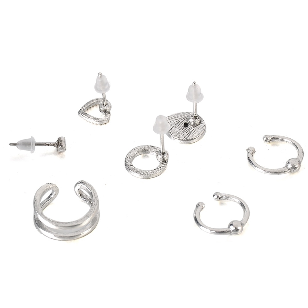 Ear Cuff Open Heart Circle Bar Stud Earrings 7Pc - Picture 4 of 6